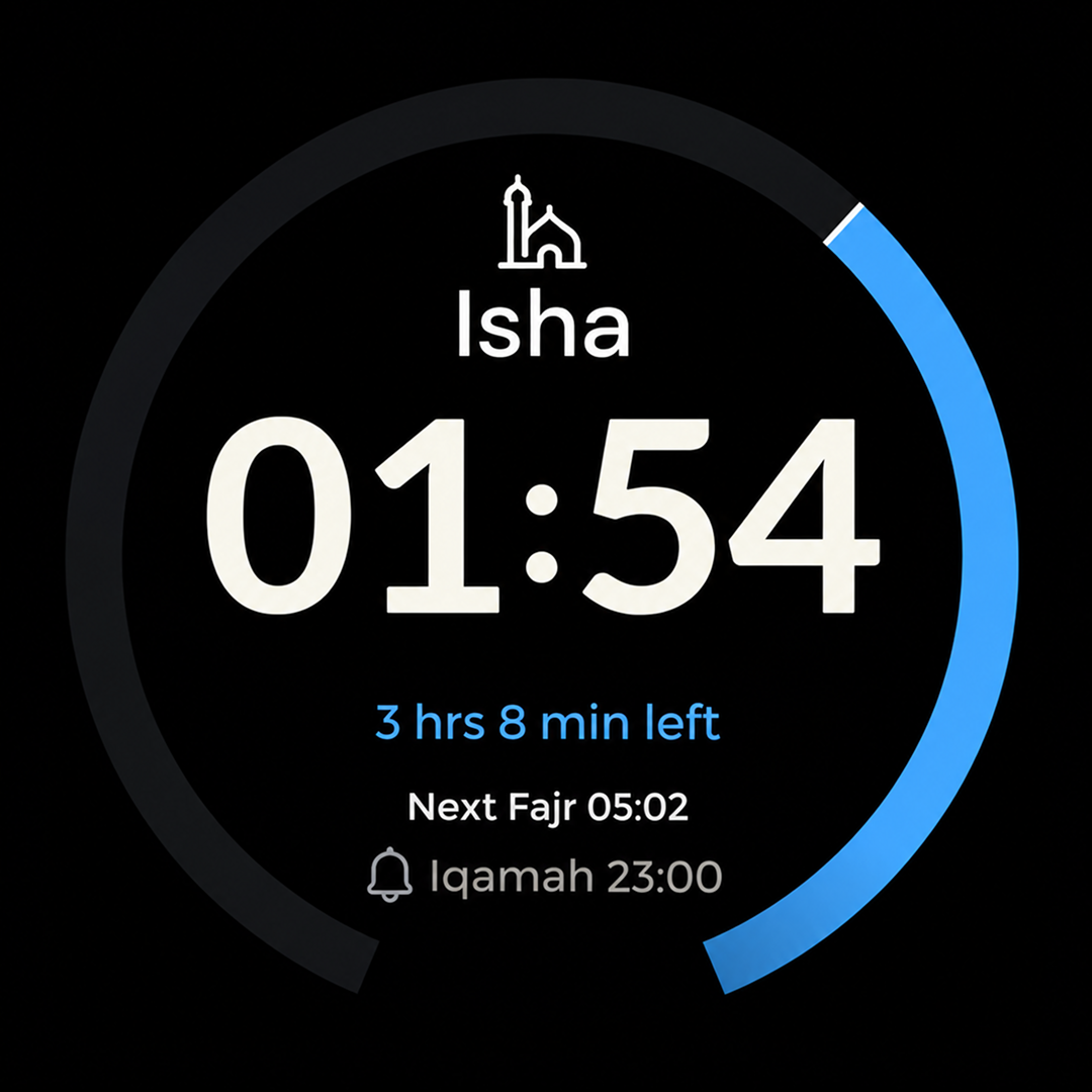 Isha countdown screen showing next Fajr and iqamah time
